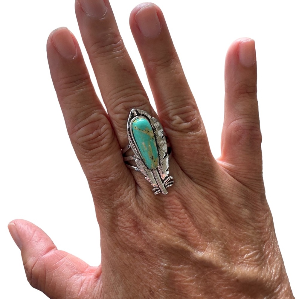 Silver and Turquoise Native American Style Feather Ring